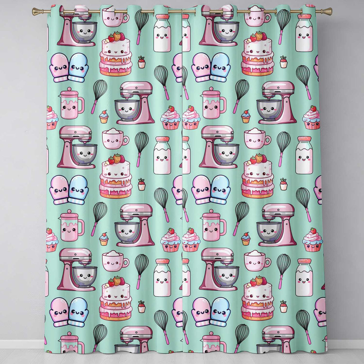 Kawaii Baking Mixer Cake and Cupcake Tools on Mint  Seamless Pattern  Readymade Eyelet Ring Top Thermal 100% Blackout Curtains