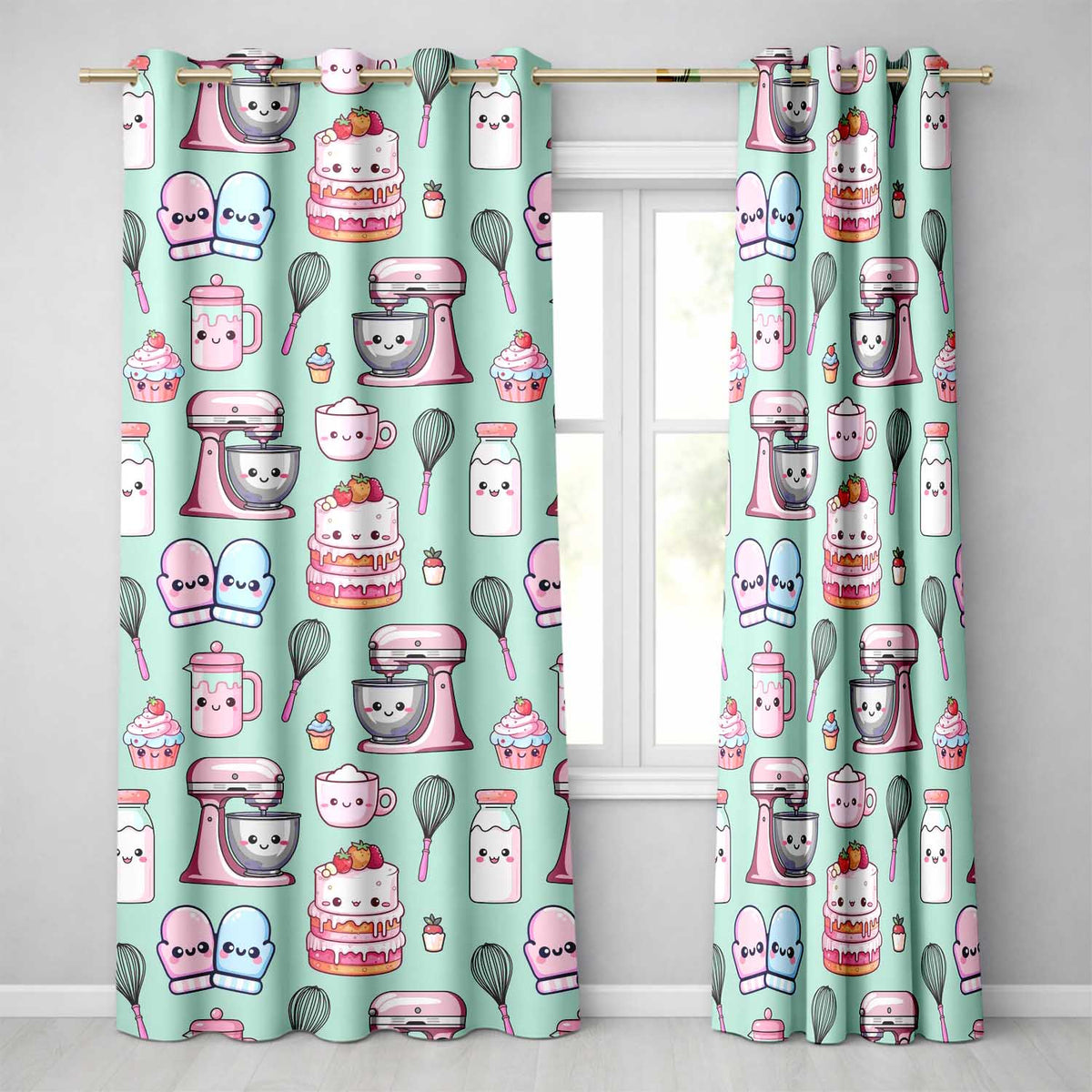 Kawaii Baking Mixer Cake and Cupcake Tools on Mint  Seamless Pattern  Readymade Eyelet Ring Top Thermal 100% Blackout Curtains