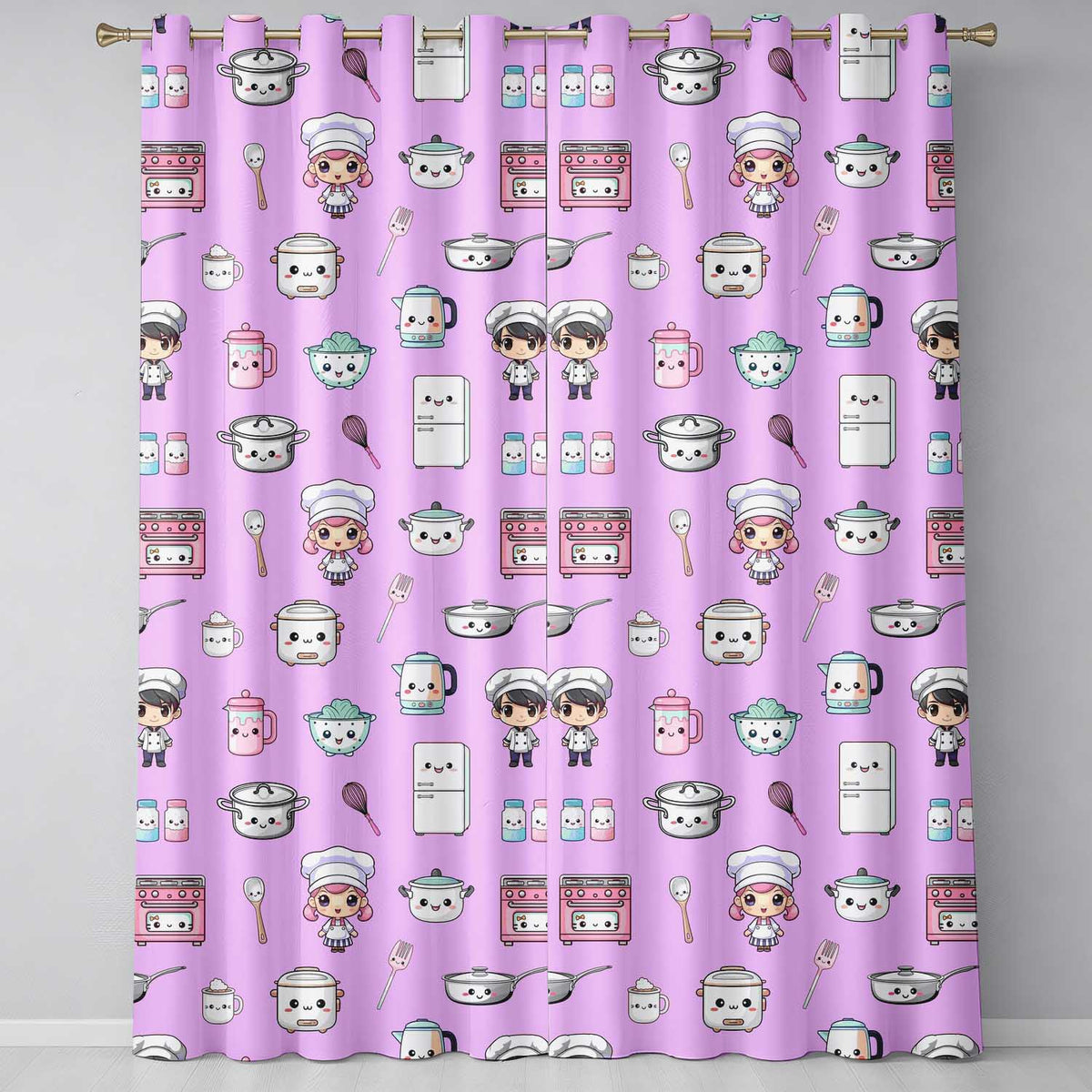 Kawaii Kitchen Chef Girl Cooking Utensils on Purple  Seamless Pattern  Readymade Eyelet Ring Top Thermal 100% Blackout Curtains