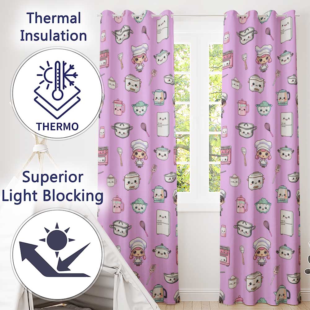 Kawaii Kitchen Chef Girl Cooking Utensils on Purple  Seamless Pattern  Readymade Eyelet Ring Top Thermal 100% Blackout Curtains