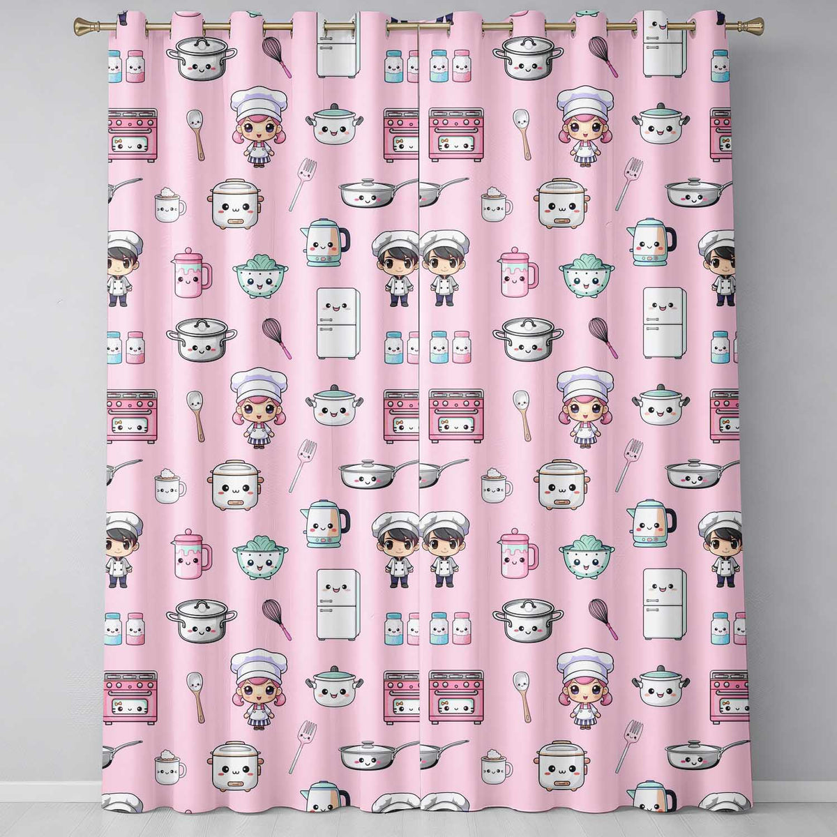 Kawaii Kitchen Chef Girl Cooking Utensils on Pink  Seamless Pattern  Readymade Eyelet Ring Top Thermal 100% Blackout Curtains