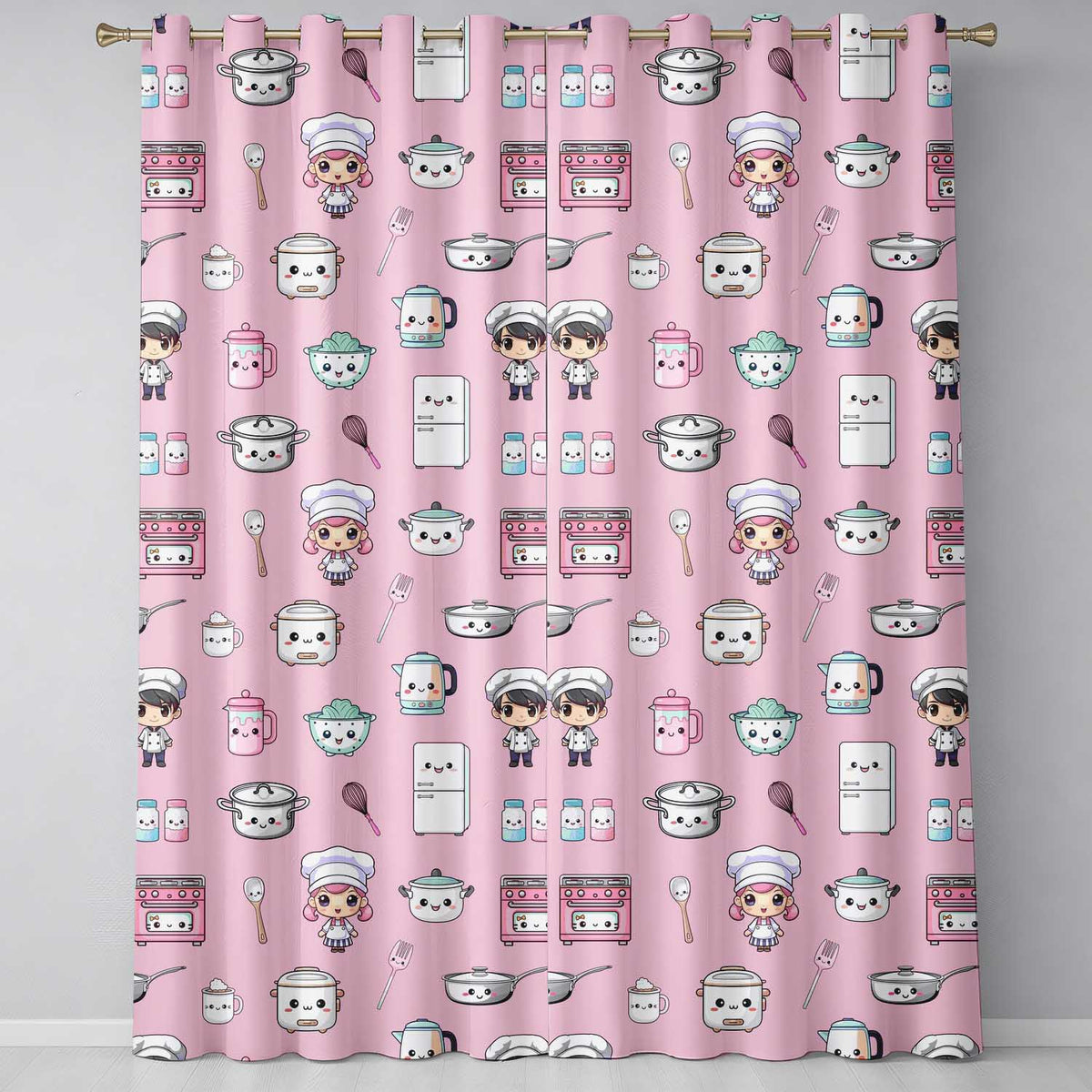 Kawaii Kitchen Chef Girl Cooking Utensils on Soft Pink  Seamless Pattern  Readymade Eyelet Ring Top Thermal 100% Blackout Curtains