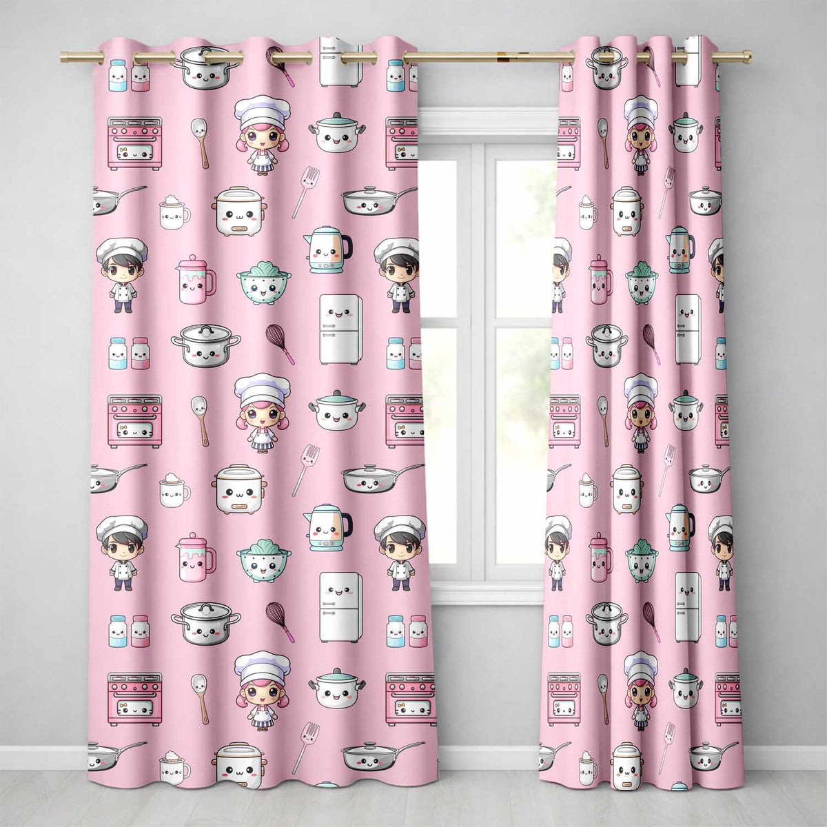 Kawaii Kitchen Chef Girl Cooking Utensils on Soft Pink  Seamless Pattern  Readymade Eyelet Ring Top Thermal 100% Blackout Curtains