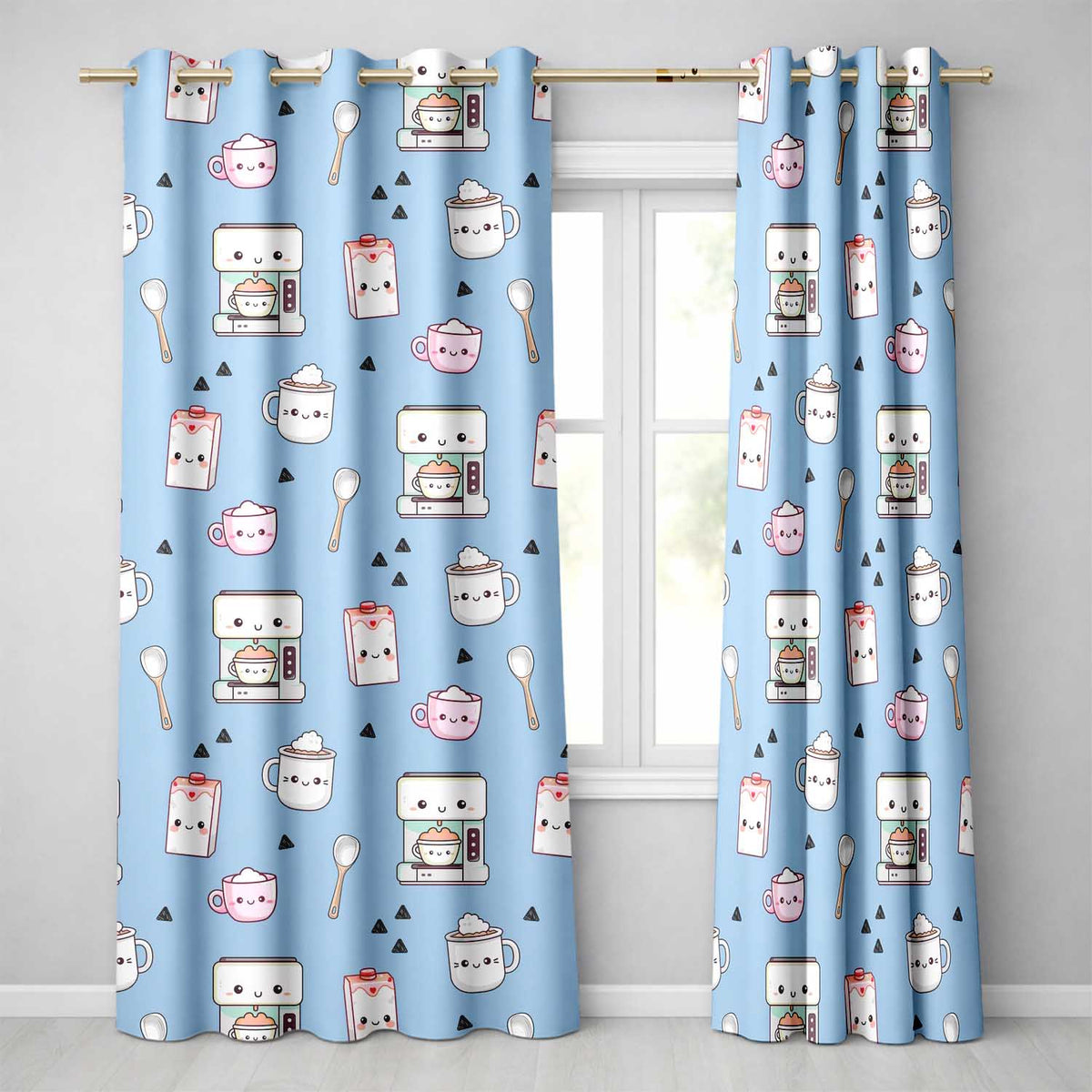 Cute Kawaii Coffee Maker Milk Carton Cups Sky Blue Background Seamless Pattern  Readymade Eyelet Ring Top Thermal 100% Blackout Curtains