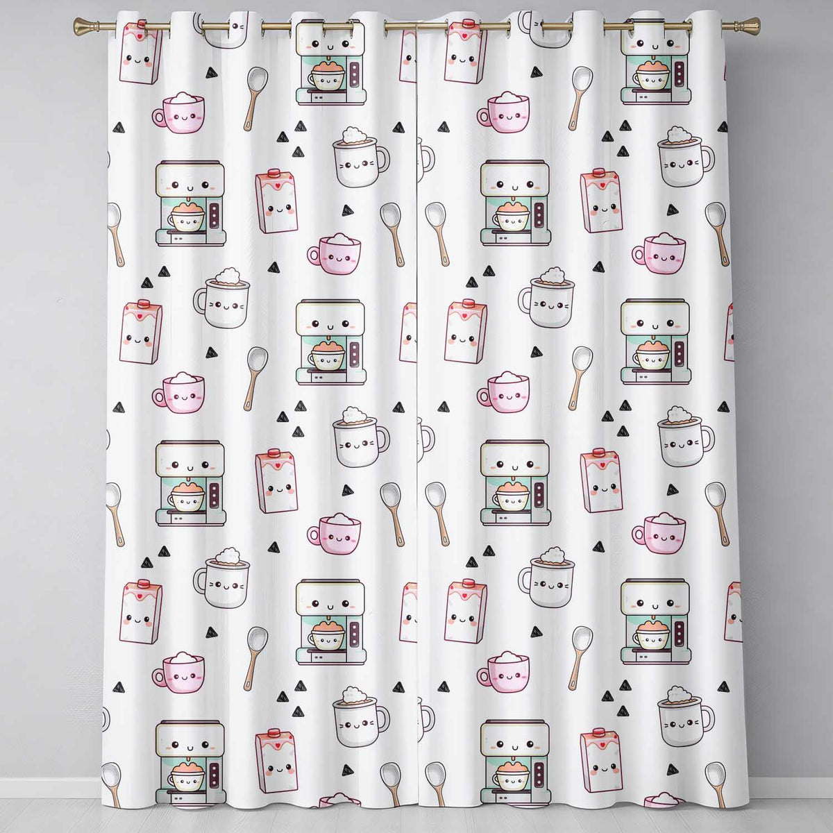 Cute Kawaii Coffee Maker Milk Carton Cups Cream Background Seamless Pattern  Readymade Eyelet Ring Top Thermal 100% Blackout Curtains