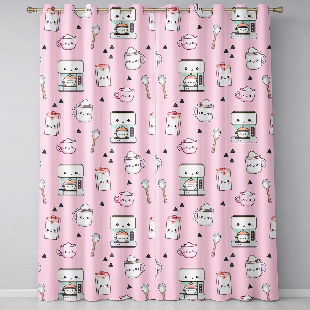 Cute Kawaii Coffee Maker Milk Carton Cups Soft Pink Background Seamless Pattern  Readymade Eyelet Ring Top Thermal 100% Blackout Curtains