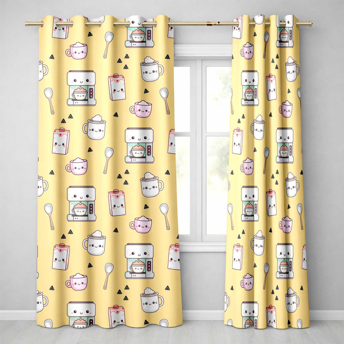 Cute Kawaii Coffee Maker Milk Carton Cups Yellow Background Seamless Pattern  Readymade Eyelet Ring Top Thermal 100% Blackout Curtains