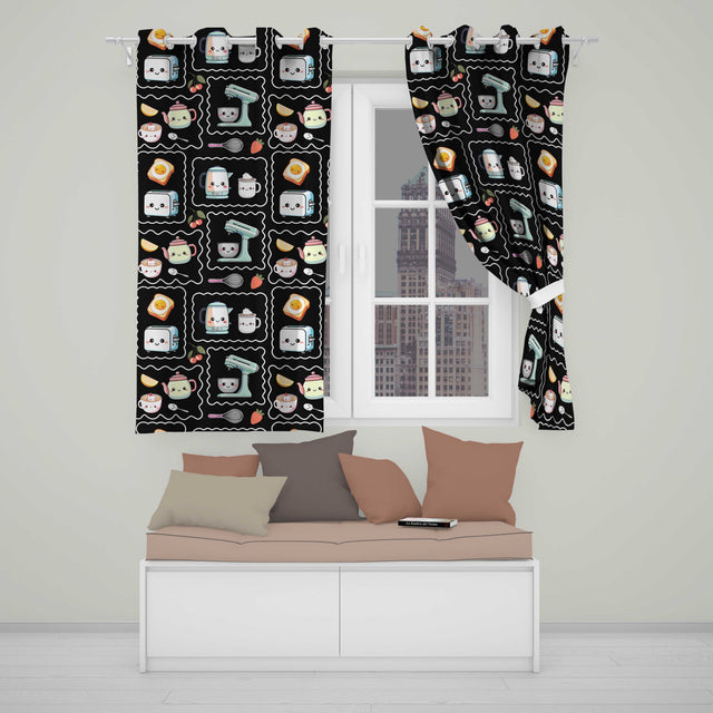 Cute Kawaii Kitchen Mixer Kettle Fruits Black Background Seamless Pattern  Readymade Eyelet Ring Top Thermal 100% Blackout Curtains