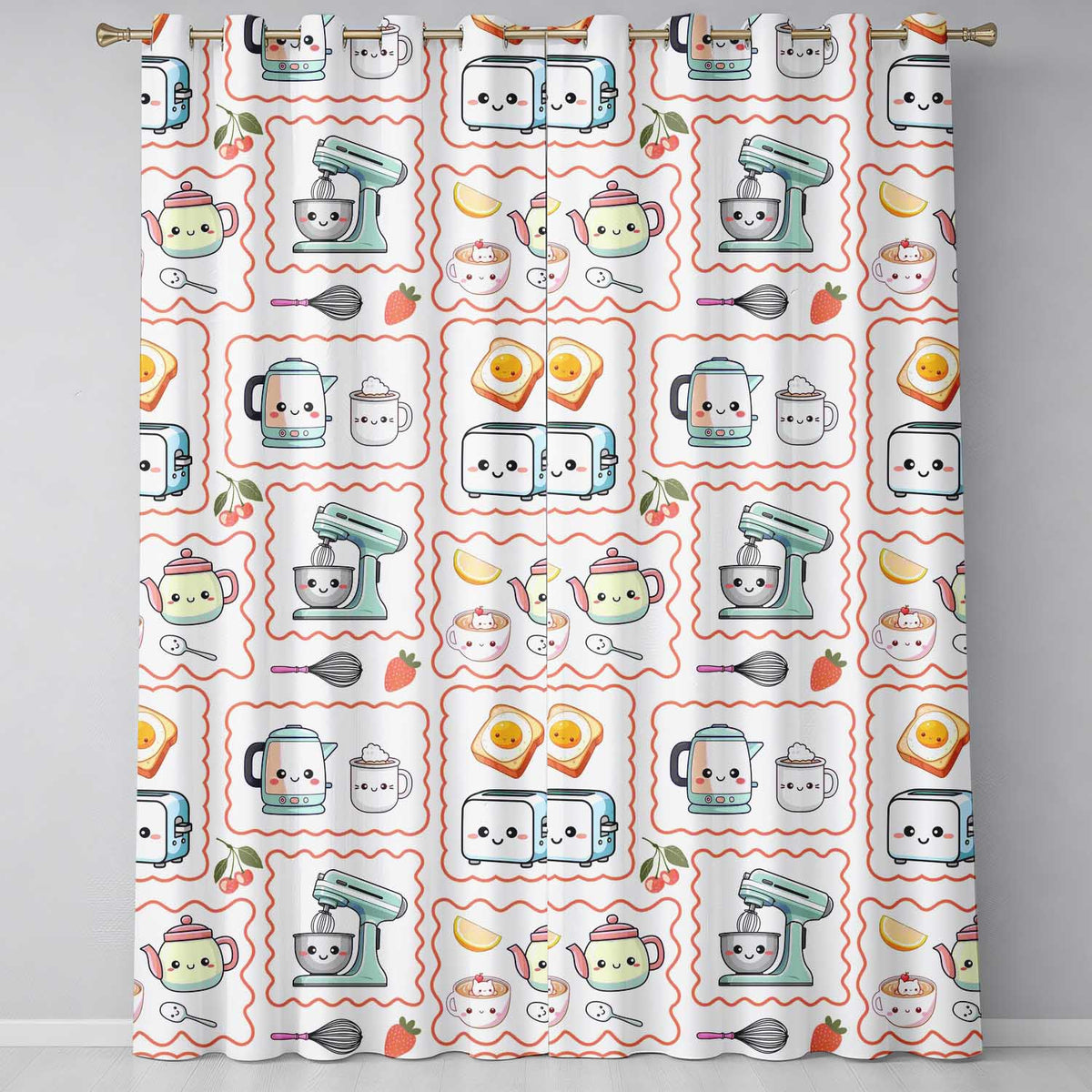 Cute Kawaii Kitchen Mixer Kettle Fruits Cream Background Seamless Pattern  Readymade Eyelet Ring Top Thermal 100% Blackout Curtains