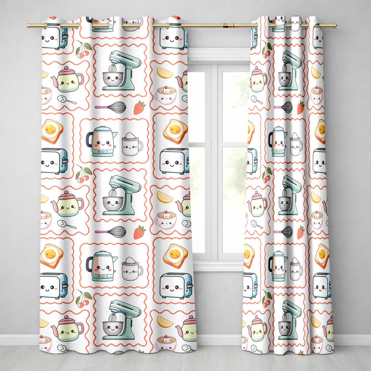 Cute Kawaii Kitchen Mixer Kettle Fruits Cream Background Seamless Pattern  Readymade Eyelet Ring Top Thermal 100% Blackout Curtains