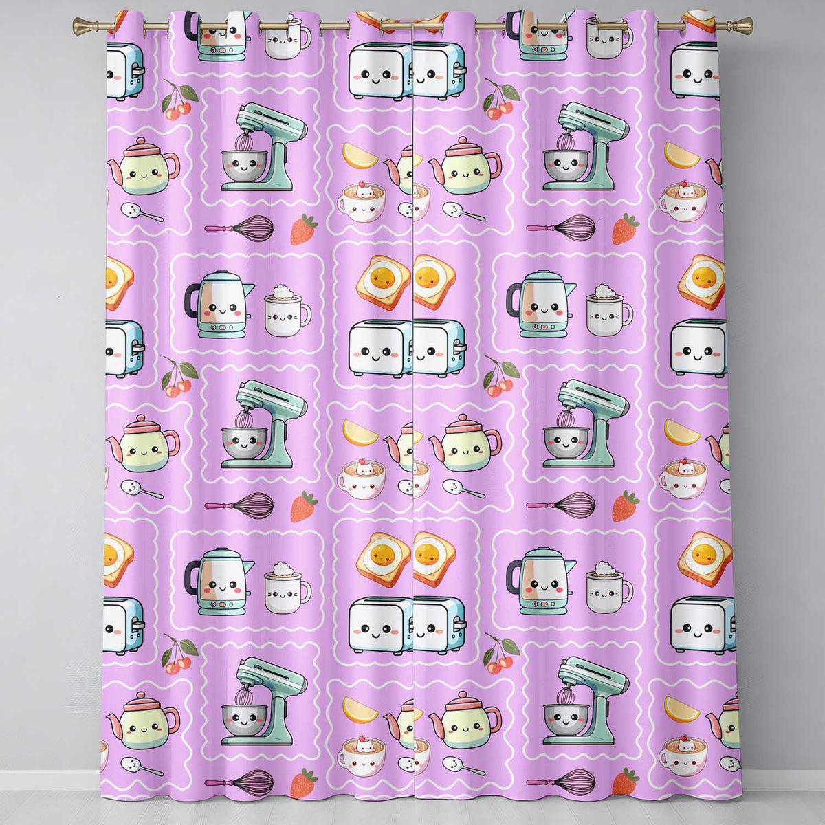 Cute Kawaii Kitchen Mixer Kettle Fruits Purple Background Seamless Pattern  Readymade Eyelet Ring Top Thermal 100% Blackout Curtains