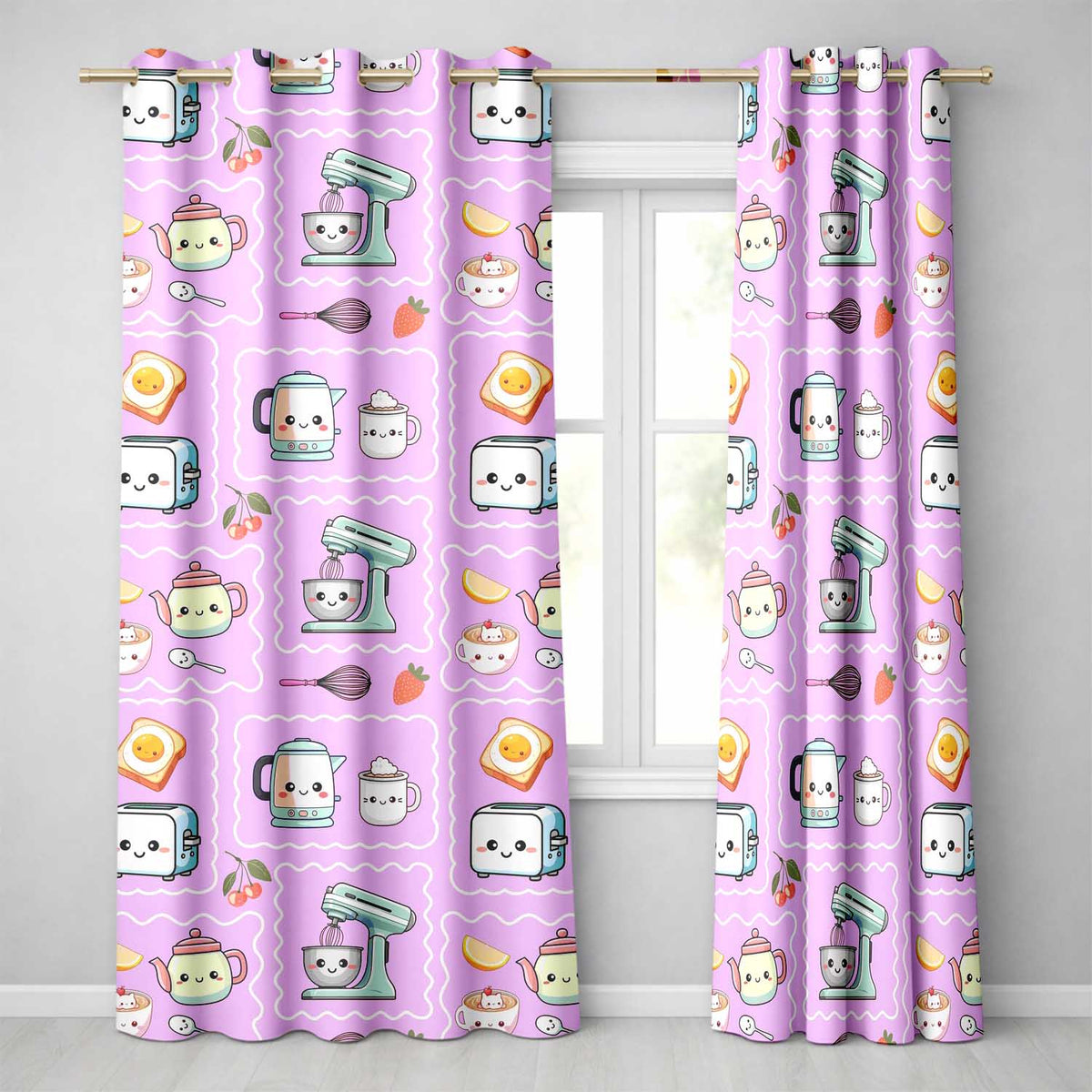Cute Kawaii Kitchen Mixer Kettle Fruits Purple Background Seamless Pattern  Readymade Eyelet Ring Top Thermal 100% Blackout Curtains
