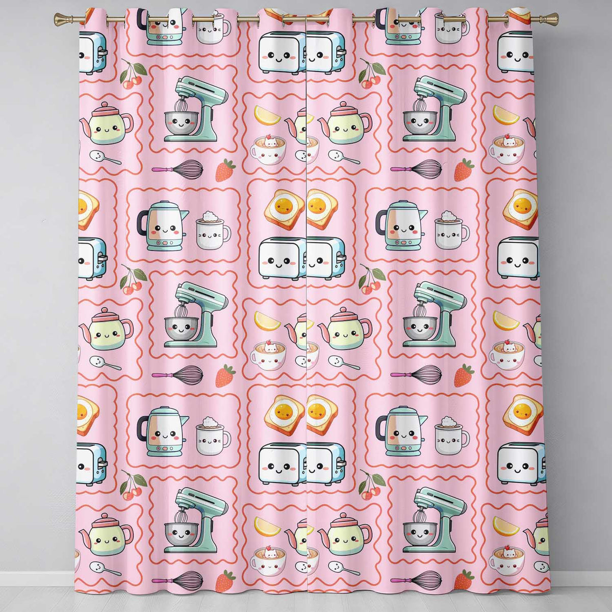 Cute Kawaii Kitchen Mixer Kettle Fruits Pink Background Seamless Pattern  Readymade Eyelet Ring Top Thermal 100% Blackout Curtains