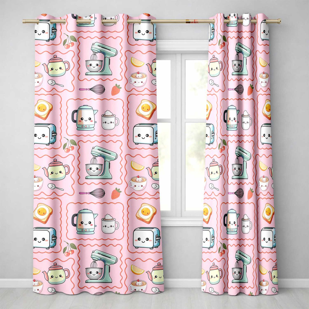 Cute Kawaii Kitchen Mixer Kettle Fruits Pink Background Seamless Pattern  Readymade Eyelet Ring Top Thermal 100% Blackout Curtains