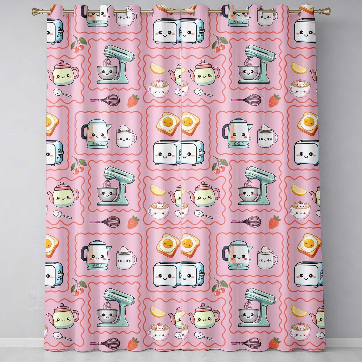 Cute Kawaii Kitchen Mixer Kettle Fruits Blush Pink Background Seamless Pattern  Readymade Eyelet Ring Top Thermal 100% Blackout Curtains