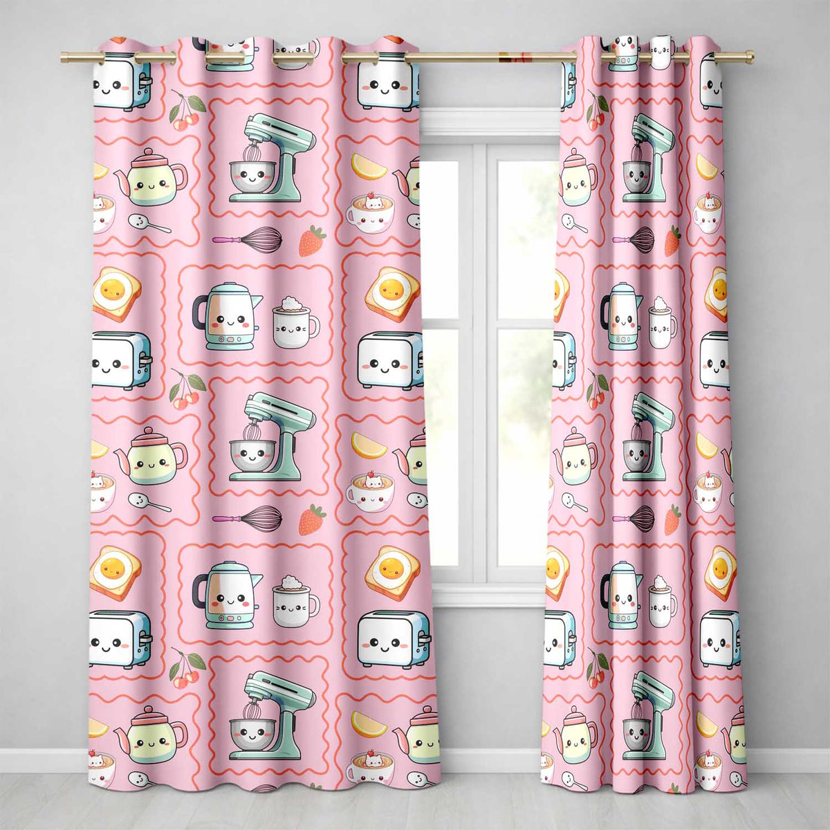 Cute Kawaii Kitchen Mixer Kettle Fruits Blush Pink Background Seamless Pattern  Readymade Eyelet Ring Top Thermal 100% Blackout Curtains