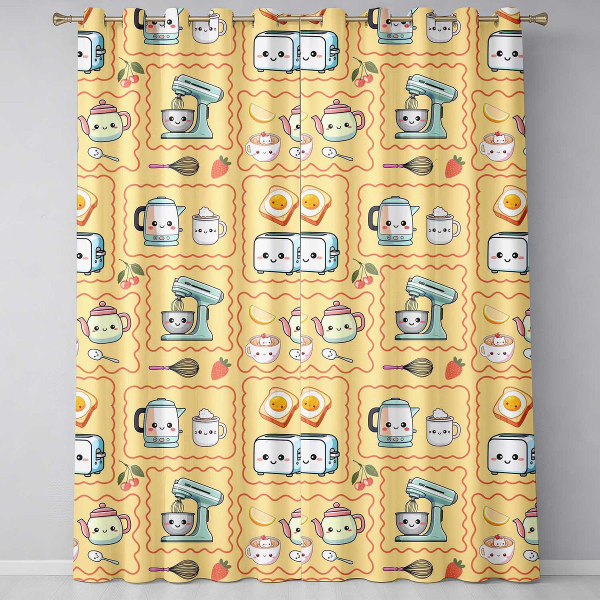 Cute Kawaii Kitchen Mixer Kettle Fruits Yellow Background Seamless Pattern  Readymade Eyelet Ring Top Thermal 100% Blackout Curtains