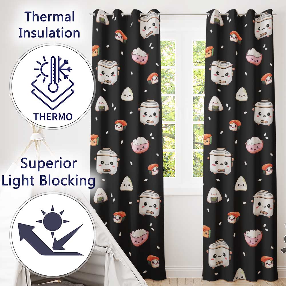 Cute Kawaii Sushi Rice Cooker Bowl Black Background Seamless Pattern  Readymade Eyelet Ring Top Thermal 100% Blackout Curtains