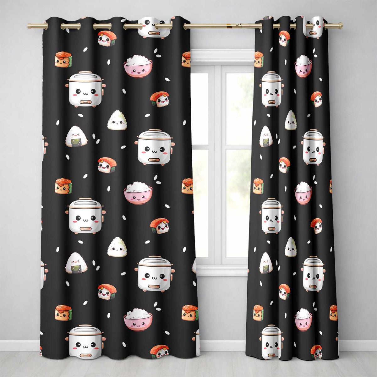 Cute Kawaii Sushi Rice Cooker Bowl Black Background Seamless Pattern  Readymade Eyelet Ring Top Thermal 100% Blackout Curtains