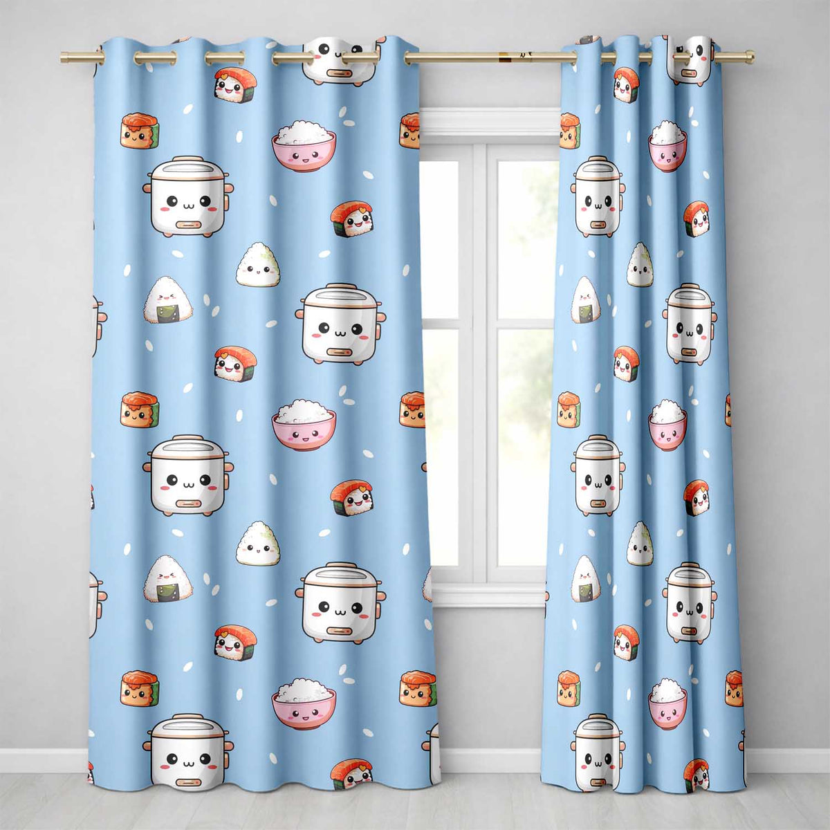 Cute Kawaii Sushi Rice Cooker Bowl Blue Background Seamless Pattern  Readymade Eyelet Ring Top Thermal 100% Blackout Curtains
