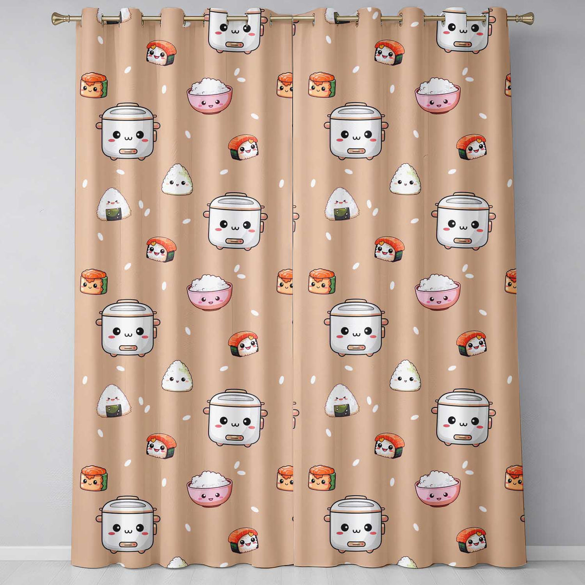 Cute Kawaii Sushi Rice Cooker Bowl Peach Background Seamless Pattern  Readymade Eyelet Ring Top Thermal 100% Blackout Curtains