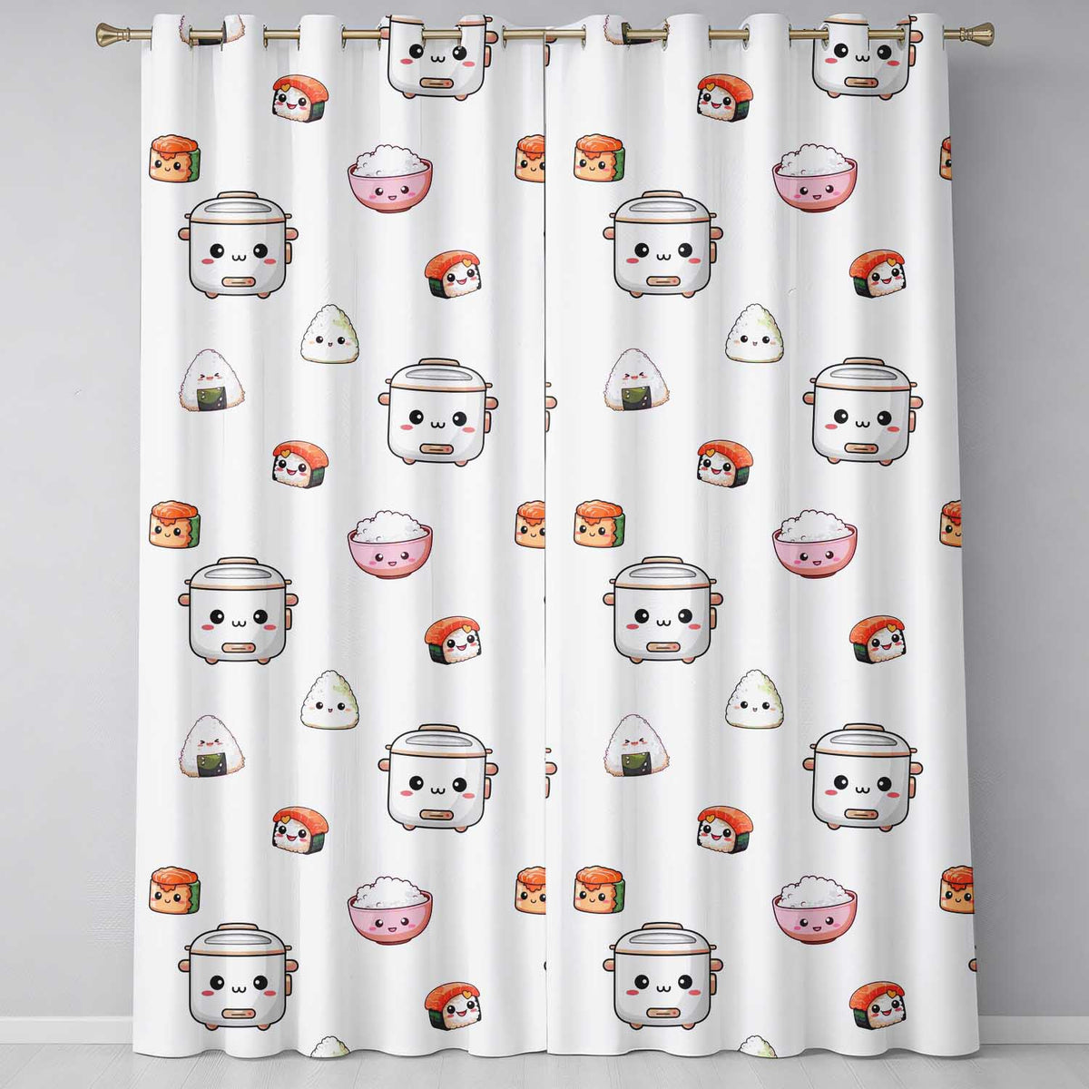 Cute Kawaii Sushi Rice Cooker Bowl Cream Background Seamless Pattern  Readymade Eyelet Ring Top Thermal 100% Blackout Curtains