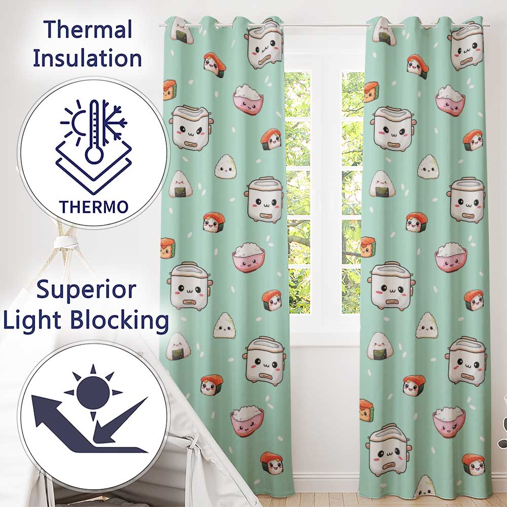 Cute Kawaii Sushi Rice Cooker Bowl Mint Green Background Seamless Pattern  Readymade Eyelet Ring Top Thermal 100% Blackout Curtains