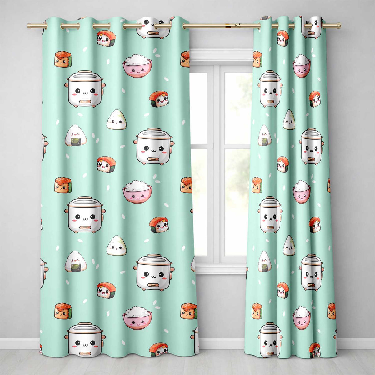 Cute Kawaii Sushi Rice Cooker Bowl Mint Green Background Seamless Pattern  Readymade Eyelet Ring Top Thermal 100% Blackout Curtains