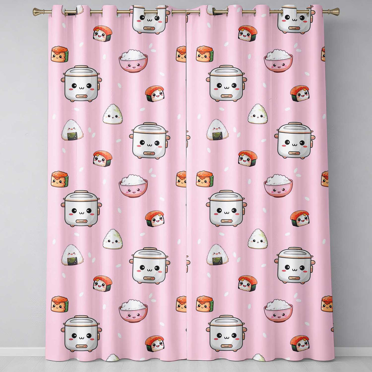 Cute Kawaii Sushi Rice Cooker Bowl Soft Pink Background Seamless Pattern  Readymade Eyelet Ring Top Thermal 100% Blackout Curtains
