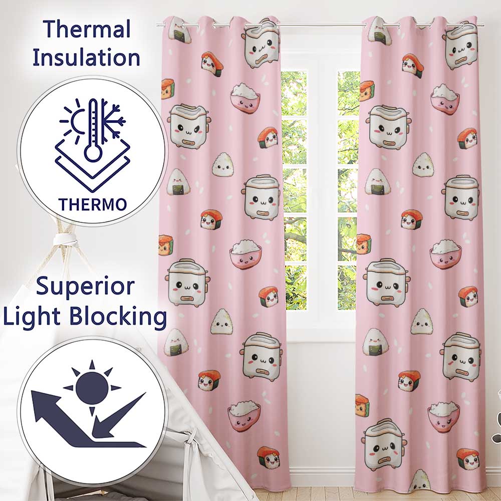 Cute Kawaii Sushi Rice Cooker Bowl Soft Pink Background Seamless Pattern  Readymade Eyelet Ring Top Thermal 100% Blackout Curtains