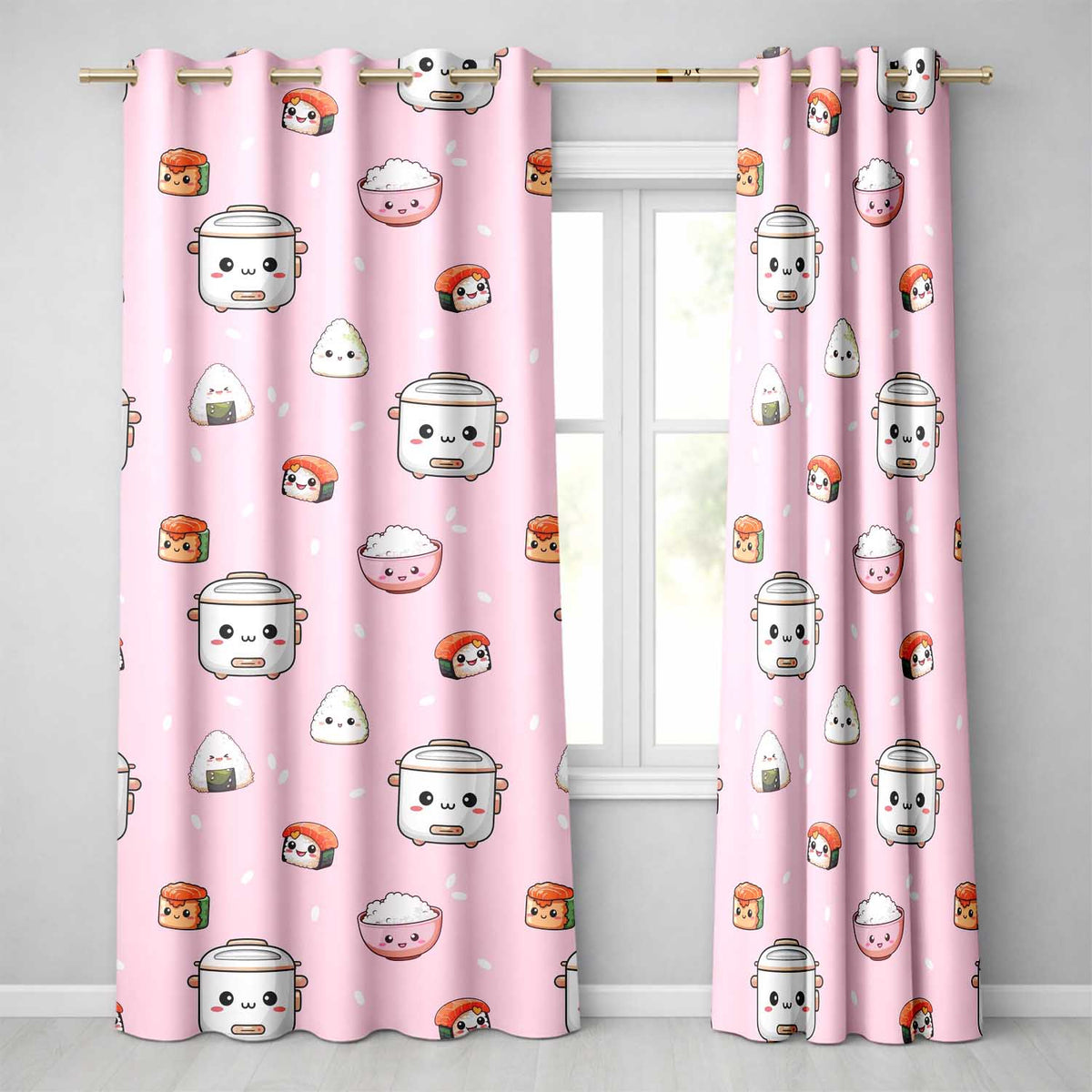 Cute Kawaii Sushi Rice Cooker Bowl Soft Pink Background Seamless Pattern  Readymade Eyelet Ring Top Thermal 100% Blackout Curtains