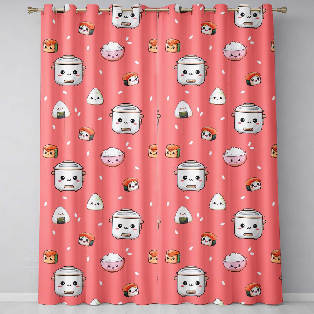 Cute Kawaii Sushi Rice Cooker Bowl Coral Red Background Seamless Pattern  Readymade Eyelet Ring Top Thermal 100% Blackout Curtains
