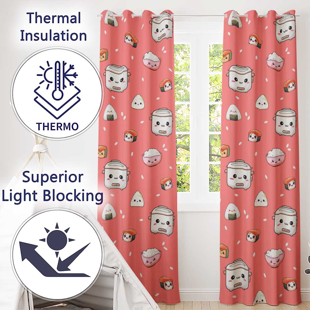 Cute Kawaii Sushi Rice Cooker Bowl Coral Red Background Seamless Pattern  Readymade Eyelet Ring Top Thermal 100% Blackout Curtains