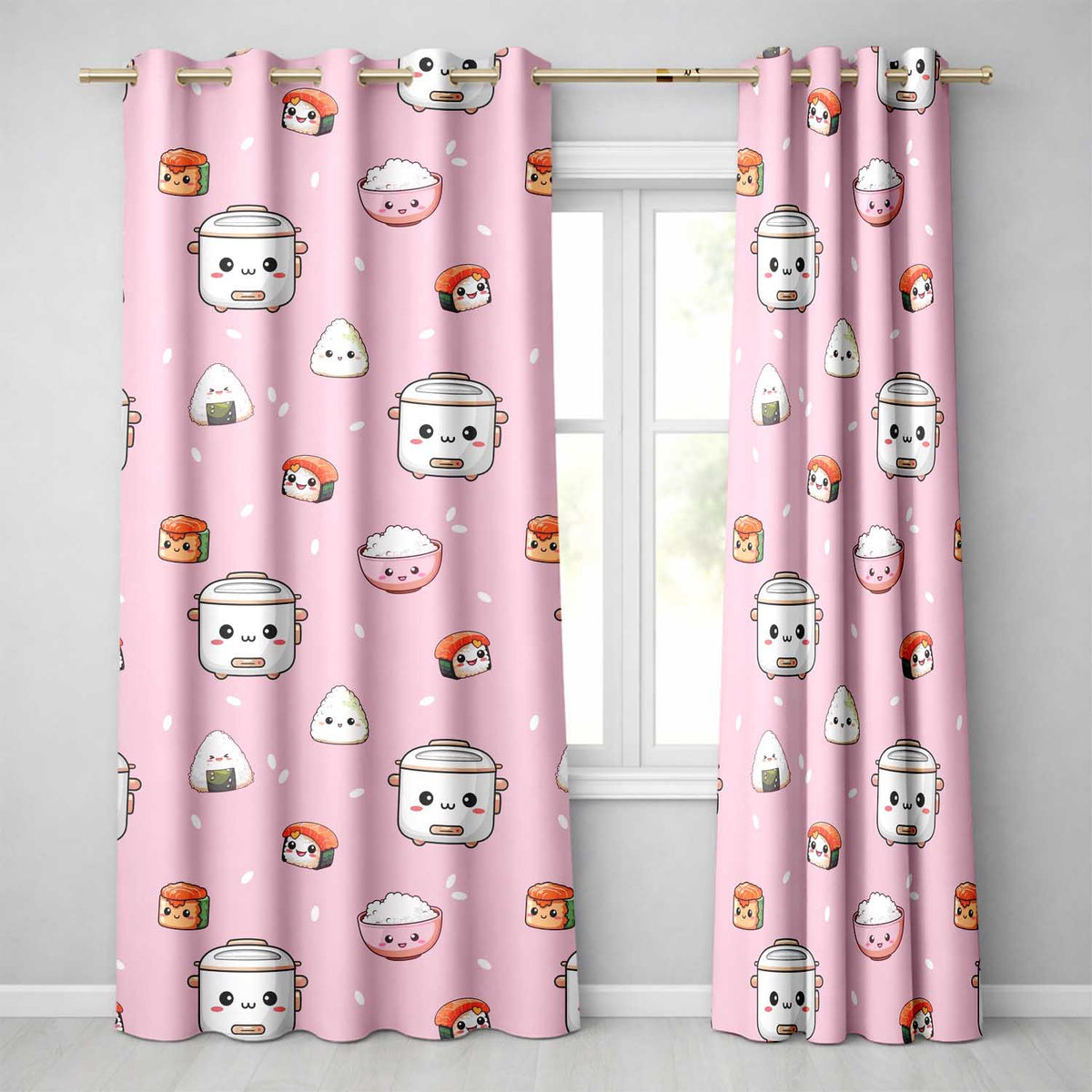 Cute Kawaii Sushi Rice Cooker Bowl Blush Pink Background Seamless Pattern  Readymade Eyelet Ring Top Thermal 100% Blackout Curtains