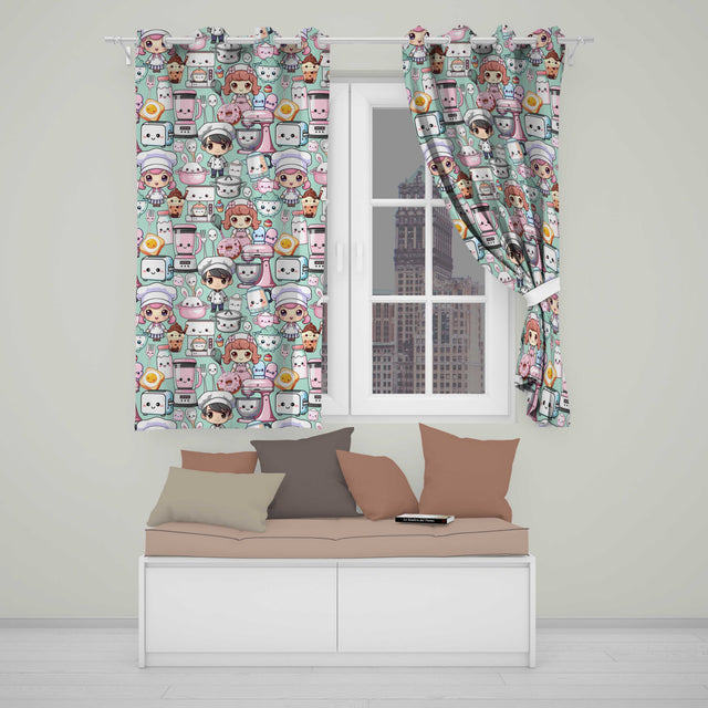 Cute Kawaii Baking Girl Kitchen Appliance Utensils Mint Background Seamless Pattern Readymade Eyelet Ring Top Thermal 100% Blackout Curtains