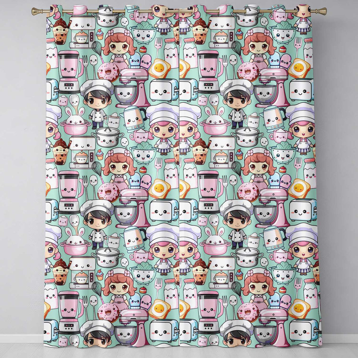Cute Kawaii Baking Girl Kitchen Appliance Utensils Mint Background Seamless Pattern Readymade Eyelet Ring Top Thermal 100% Blackout Curtains