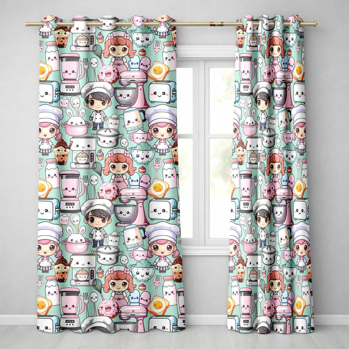 Cute Kawaii Baking Girl Kitchen Appliance Utensils Mint Background Seamless Pattern Readymade Eyelet Ring Top Thermal 100% Blackout Curtains
