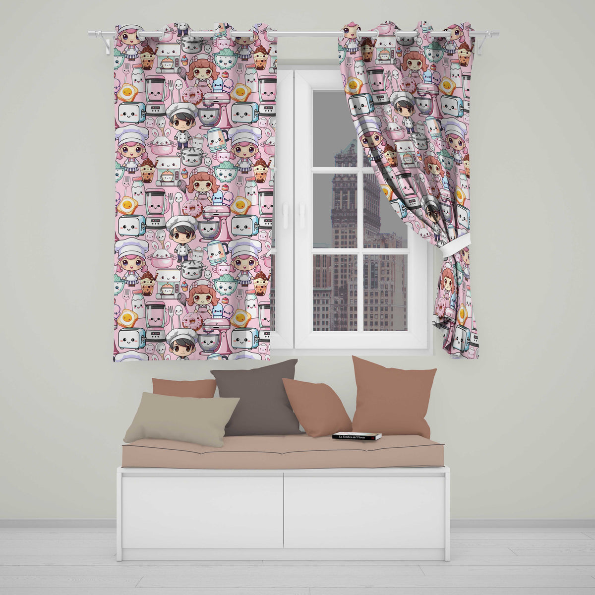 Cute Kawaii Baking Girl Kitchen Appliances  Soft Pink Background Seamless Pattern Readymade Eyelet Ring Top Thermal 100% Blackout Curtains