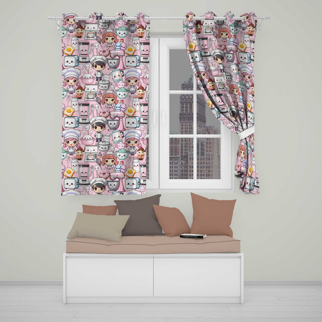 Cute Kawaii Baking Girl Kitchen Appliances  Soft Pink Background Seamless Pattern Readymade Eyelet Ring Top Thermal 100% Blackout Curtains