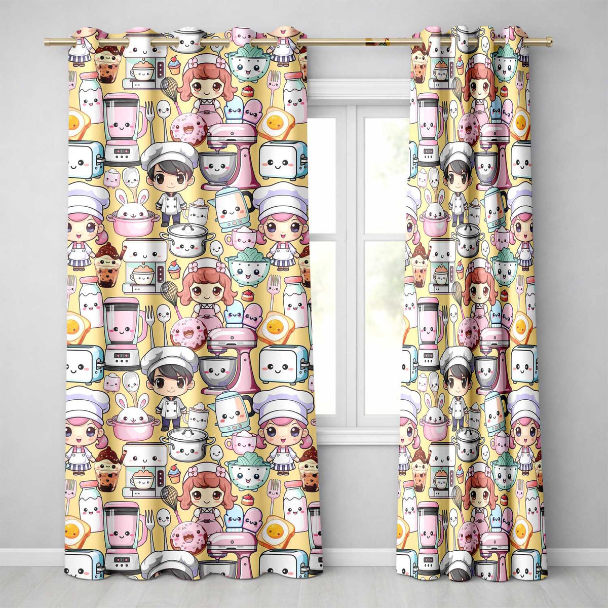 Kawaii Baking Girl Kitchen Appliances Utensils Yellow Background Seamless Pattern Readymade Eyelet Ring Top Thermal 100% Blackout Curtains