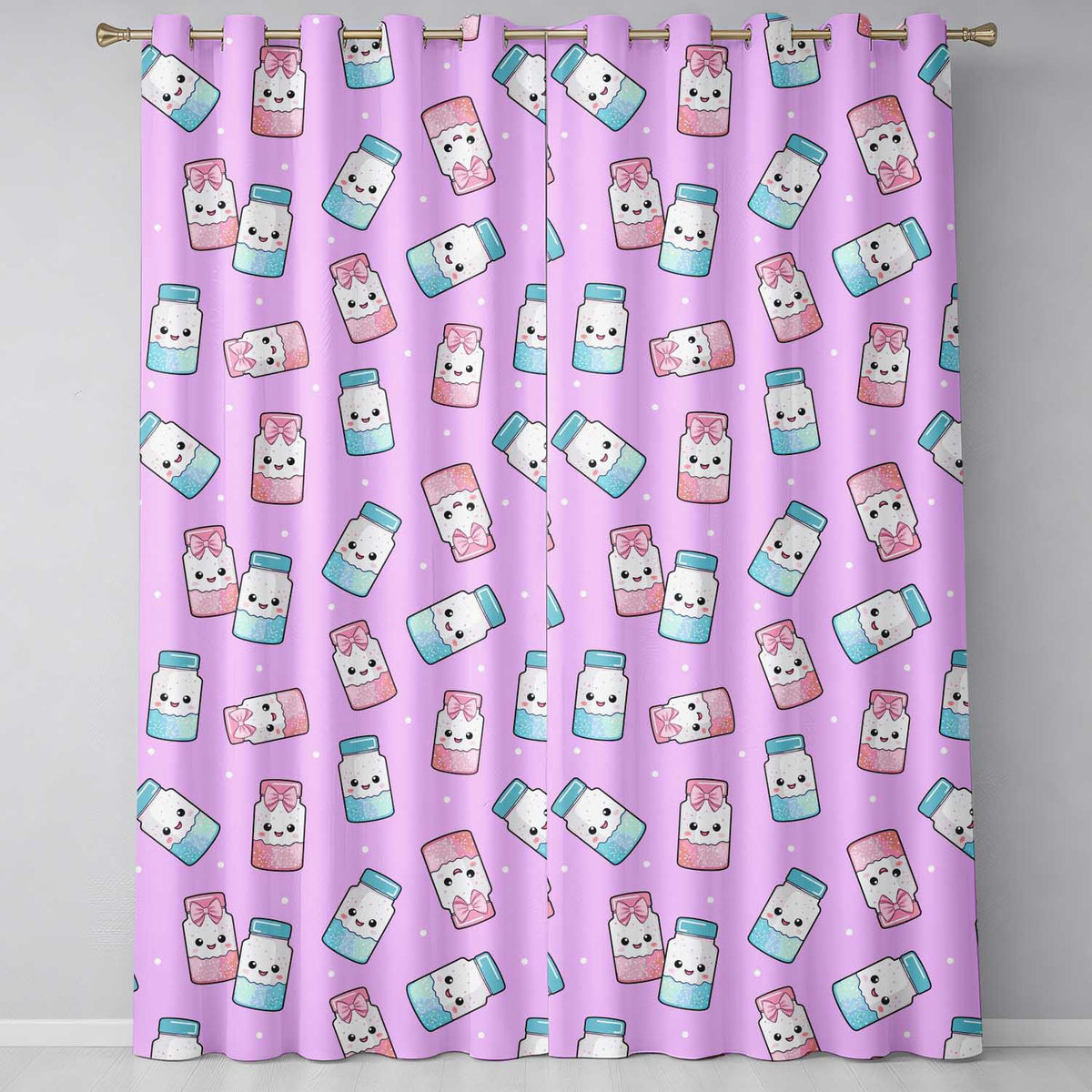 Kawaii Sugar Jar Bottles with Glitter Sprinkles Purple Background Seamless Pattern Readymade Eyelet Ring Top Thermal 100% Blackout Curtains