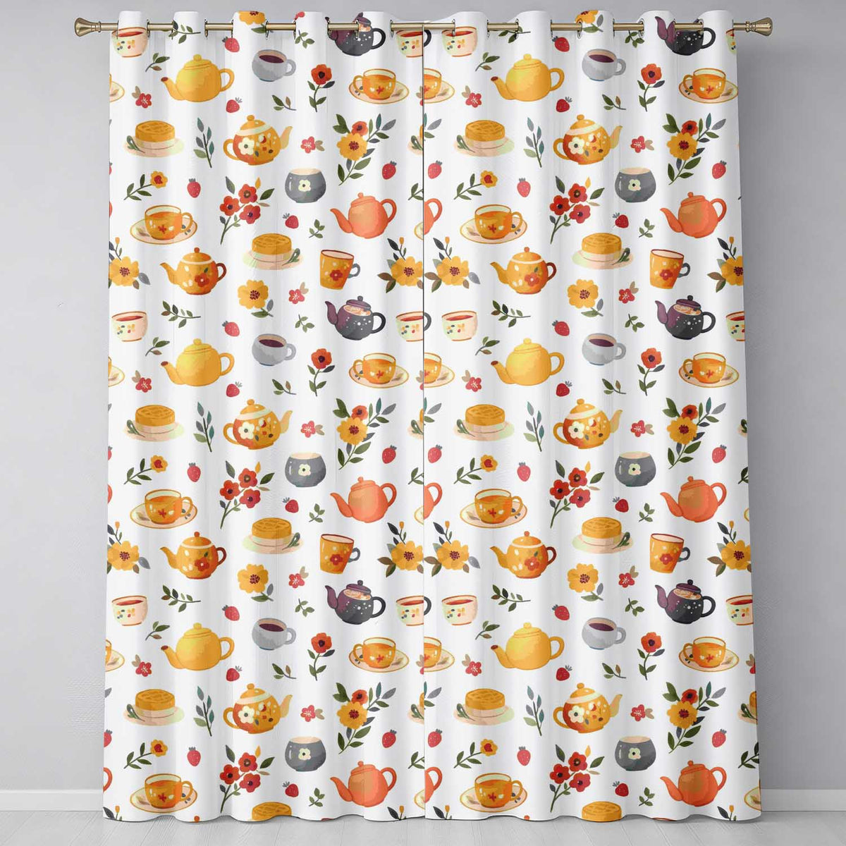 Vintage Teapot Floral Tea Cups Strawberry Garden Cream Background Seamless Pattern Readymade Eyelet Ring Top Thermal 100% Blackout Curtains