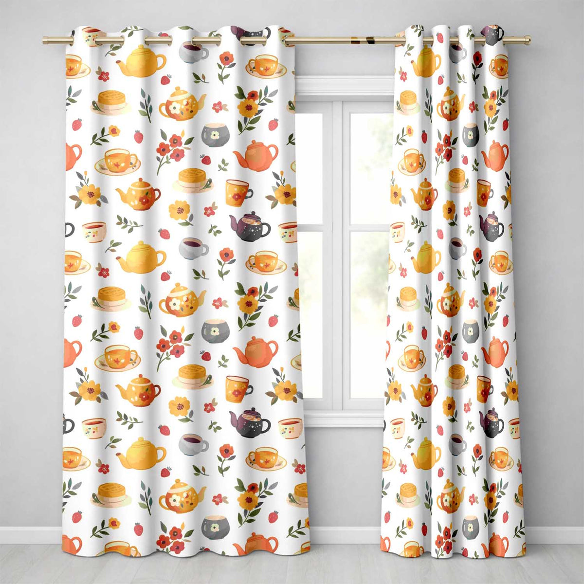 Vintage Teapot Floral Tea Cups Strawberry Garden Cream Background Seamless Pattern Readymade Eyelet Ring Top Thermal 100% Blackout Curtains