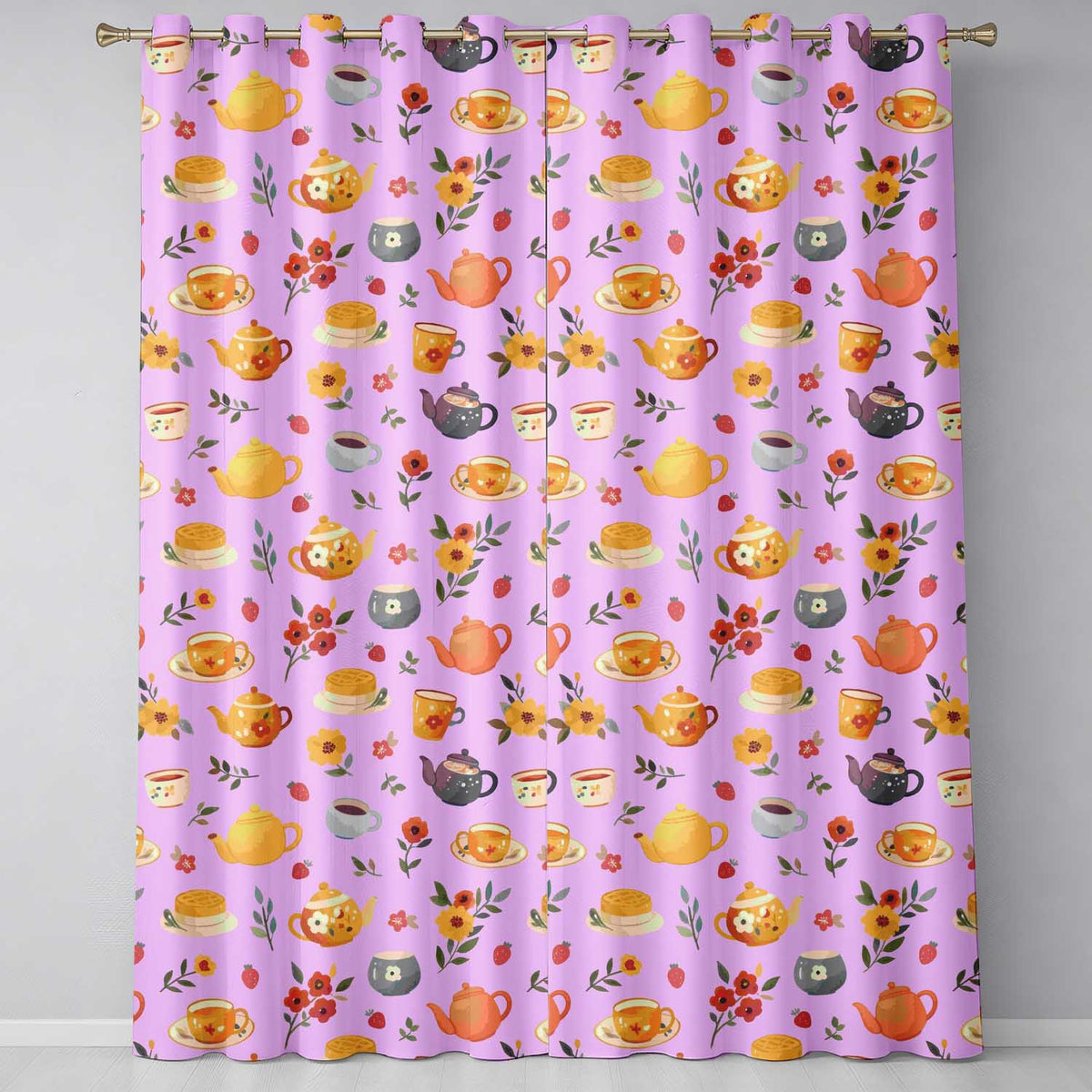 Vintage Teapot Floral Tea Cup Strawberry Garden Purple Background Seamless Pattern Readymade Eyelet Ring Top Thermal 100% Blackout Curtains