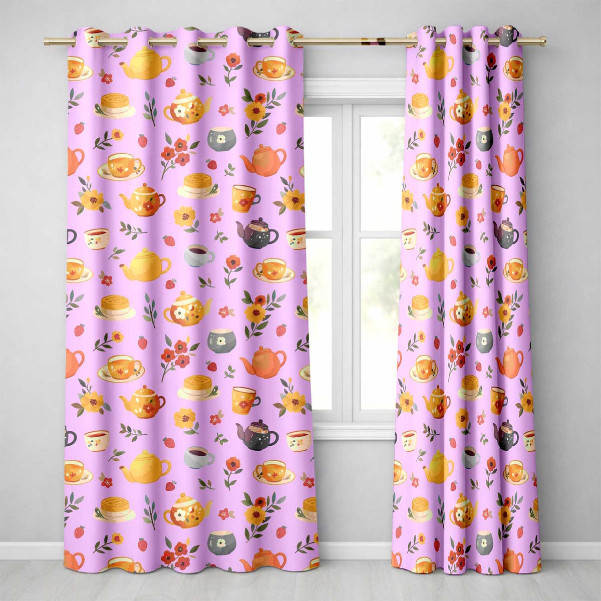 Vintage Teapot Floral Tea Cup Strawberry Garden Purple Background Seamless Pattern Readymade Eyelet Ring Top Thermal 100% Blackout Curtains
