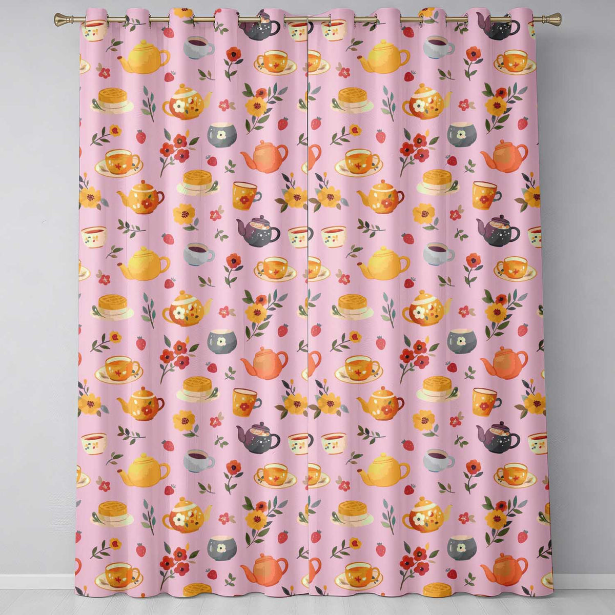 Vintage Teapot Floral Tea Cups Strawberry Garden Rose Background Seamless Pattern Readymade Eyelet Ring Top Thermal 100% Blackout Curtains