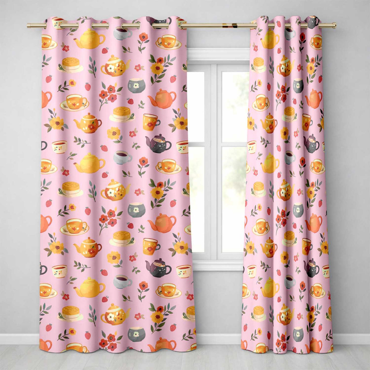 Vintage Teapot Floral Tea Cups Strawberry Garden Rose Background Seamless Pattern Readymade Eyelet Ring Top Thermal 100% Blackout Curtains