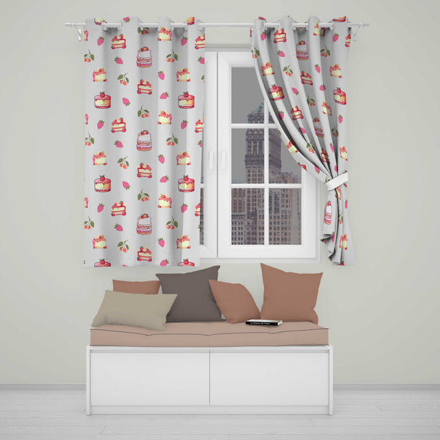Cute Strawberry Cake Cherry Dessert Seamless Pattern Neutral Background  Readymade Eyelet Ring Top Thermal 100% Blackout Curtains
