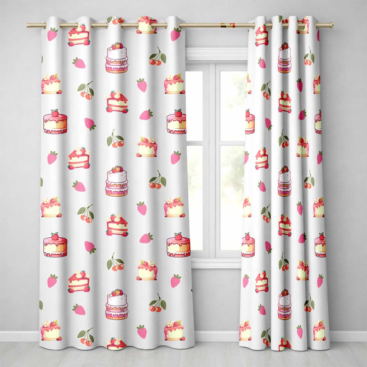 Cute Strawberry Cake Cherry Dessert Seamless Pattern Neutral Background  Readymade Eyelet Ring Top Thermal 100% Blackout Curtains