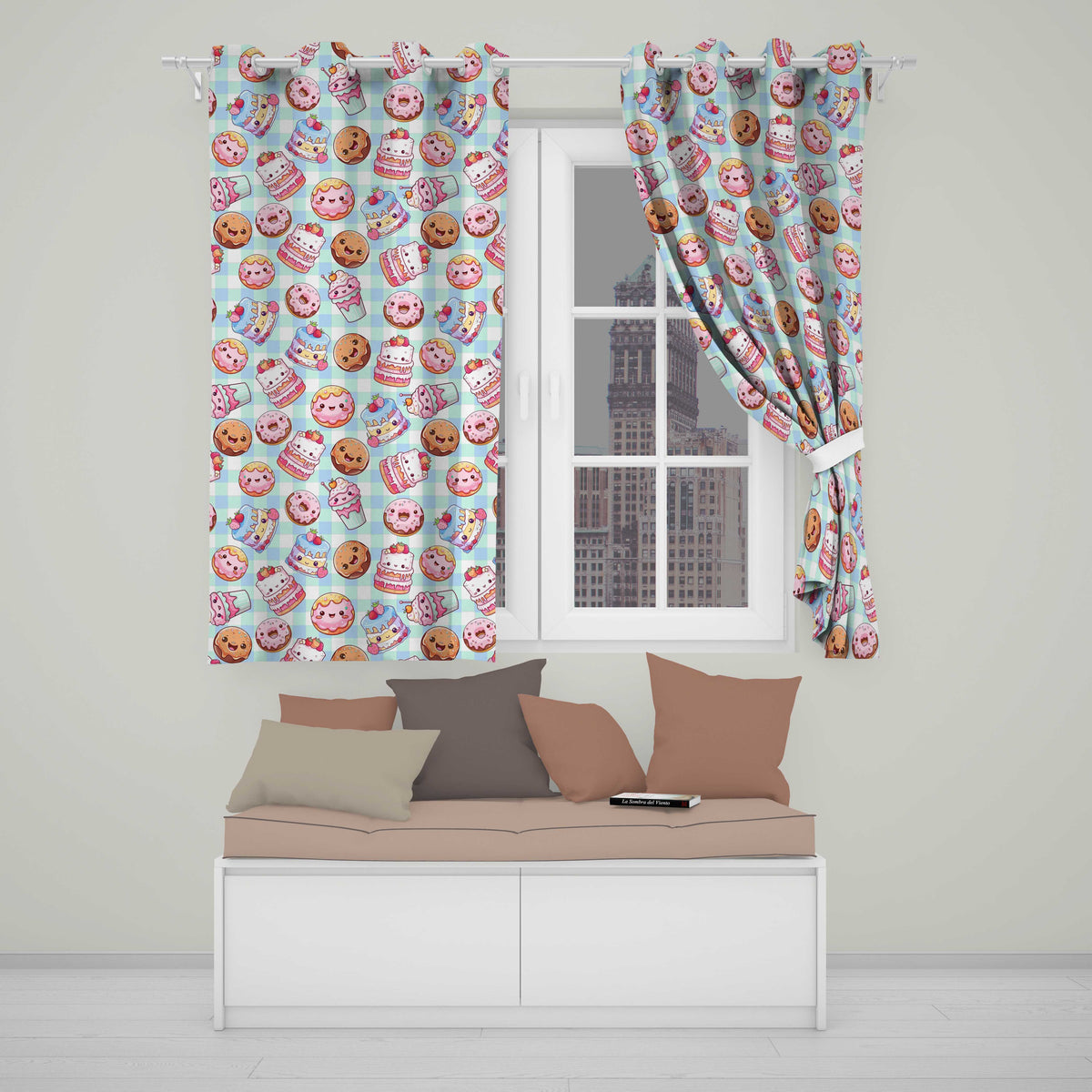 Kawaii Donut Cake Cupcake Sweet Treat Seamless Pattern Blue Gingham  Readymade Eyelet Ring Top Thermal 100% Blackout Curtains